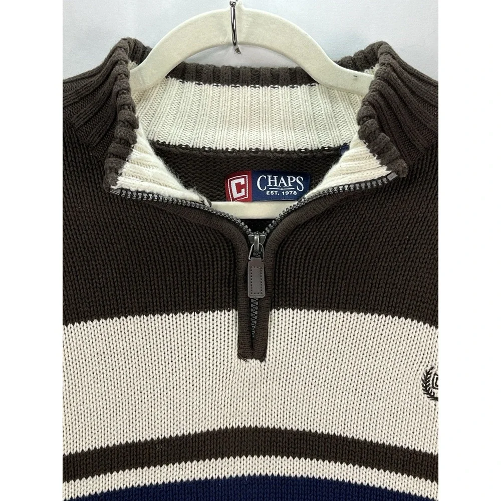 Chaps Ralph Lauren Brown Sweater White Blue Striped 1/4 Zip Pullover Mens Sz 3XL